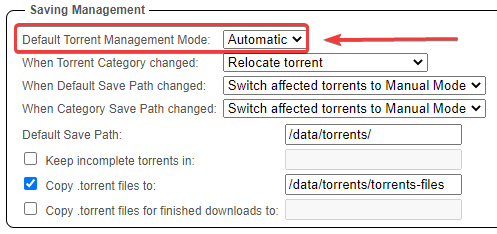 qBittorrent - Default Torrent Management Mode