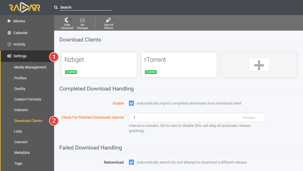 !Radarr - Settings Download Clients